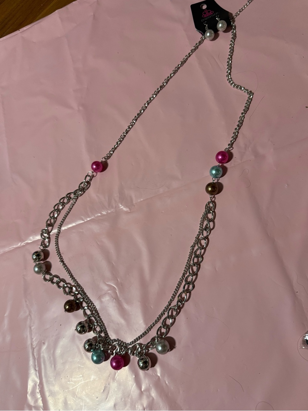 paparazzi Pink, Teal, Brown & Silver Faux Pearl Layered Necklace and earrings